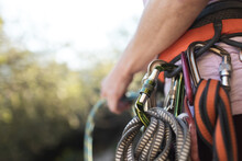 Carabiners And Quickdraws On The Climber's Harness