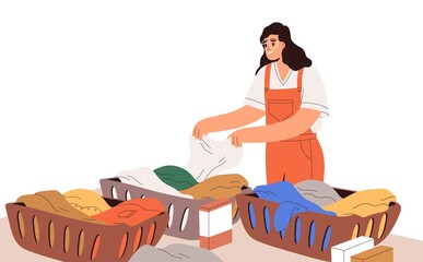 Wall Mural - Woman sorting dirty clothes, linen in baskets for laundry, washing. Housewife and housework. Happy housekeeper and household work, chores. Flat vector illustration isolated on white background