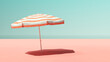 Sunny Beach with Pastel Pink Sand Turquoise Blue Ocean Sea Sky and Parasol with Shade Serene Tranquillity 3d illustration render