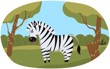Cute Zebra In Landscape With Acacia Trees And Green Grass. African Savanna With Funny Horse. Safari, Outdoor Zoo Park With Wild Animal, Wildlife. Horse With White And Black Stripes In Nature Habitat