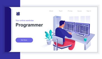 Leinwandbilder - Programmer concept 3d isometric web banner with people scene. Man codes and programs working on computers, creates programs and software. Vector illustration for landing page and web template design