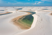Aerial Of Freshwater Lakes Between Huge Sand Dunes In The Lencois Maranhenses National Park, Maranhao, Brazil