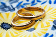 two gold wedding rings on a colored background