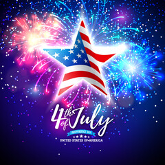 Wall Mural - Fourth of July Independence Day Sale Banner Design with Flag Pattern Star Symbol on Fireworks Background. USA National 4th of July Holiday Vector Illustration for Banner, Greeting Card, Invitation or