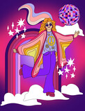 Fototapeta Do akwarium - retro poster in disco style 60s-70s, fashion girl image on rainbow background, hippie vintage style, psychedelic, summer groovy mood. Trendy retro style.