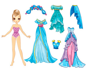 Wall Mural - Paper doll with blue fairy princess dresses