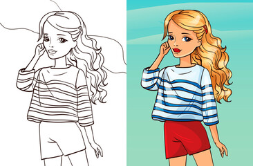 Wall Mural - Colouring book girl in sea striped blouse