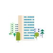 Residential buildings in green recreation park zone. Downtown office or living apartment green trees near building. Urban architecture concept. Flat style vector illustration.