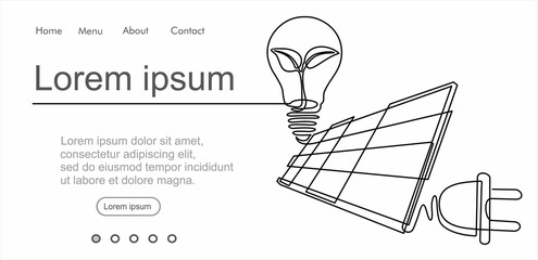 Continuous line drawing solar panel, plug and light bulb, symbol for solar energy.Can used for logo, emblem, slide show and banner. Illustration with quote template.Order a banner for one line drawing