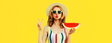 Summer portrait of young woman blowing her lips with red lipstick with fresh slice of watermelon on yellow background