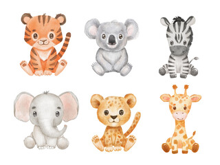 cute portraits tiger, koala, elephant in cartoon style. drawing african baby zebra and giraffe isola