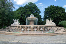 Wittelsbach Fountain, Built In The Late 1800s, Featuring 2 Stately Statues And Illuminated Waters, Munich, Germany