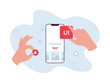 UI, UX and web design concept. Vector flat illustration. Human hands make application. Web page interface layout elements symbol on smart phone screen.