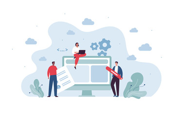 UI, UX and web design concept. Vector flat character illustration. Multiethic team of male and female artist and designer make interface on computer screen. Electronic pencil, laptop symbol.