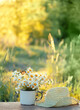 chamomile flowers in white cup and braided hat on table in garden, sunny natural abstract background. summer season. composition. relaxation, harmony atmosphere