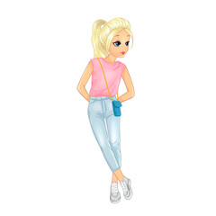 Wall Mural - Girl in pink sleeveless shirt and jeans