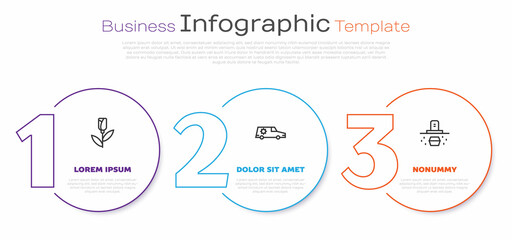 Poster - Set line Flower rose, Hearse car and Grave with coffin. Business infographic template. Vector