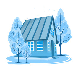 Wall Mural - Winter landscape. House surrounded by trees