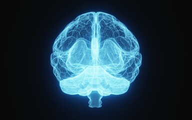 Glowing X-ray image of human brain in blue wireframe on isolated black background. Science and medical concept. In front of brain. 3D illustration rendering