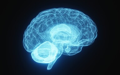 glowing x-ray image of human brain in blue wireframe on isolated black background. science and medic