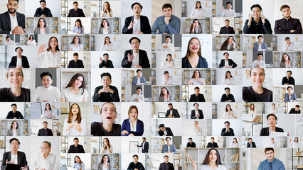 Wall Mural - Team collage. Corporate video chat. International Internet communication. Headshot mosaic set of multicultural business colleagues cooperating online in digital office.