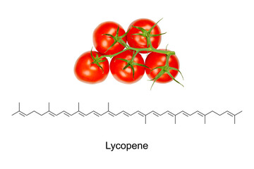 Panicle tomatoes and the chemical formula and skeletal structure of lycopene, a bright red carotene, found in tomatoes, red carrots, watermelons, grapefruits and papayas, used for food coloring. E160d