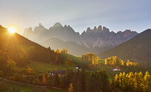 Famous Best Alpine Place Of The World, Santa Maddalena Village With Magical Dolomites Mountains In Background, Val Di Funes Valley