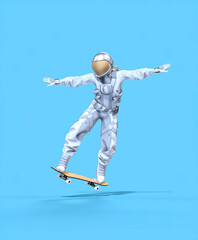 Wall Mural - astronaut balancing on a skateboard, light blue background. 3d illustration