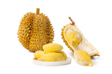 Wall Mural - durian fruit with ripe durian pulps isolated on white background.