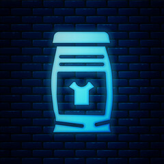 Sticker - Glowing neon Laundry detergent for automatic wash machine icon isolated on brick wall background. Vector