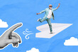 © deagreez - Creative composite collage photo of black white effect hands launch paper plane with mini granddad dancing on it isolated on sky background