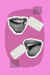 Funky poster collage of two mouth share novelty concept of shopping announcements isolated bright pink color background
