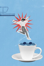 Composite Collage Photo Of Black White Color Effect Jumping Off Trampoline To Coffee Cup Full Of Work Isolated On Blue Background