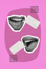 Funky Poster Collage Of Two Mouth Share Novelty Concept Of Shopping Announcements Isolated Bright Pink Color Background