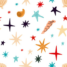 Sea Seamless Pattern With Shells, Corals, Starfish On A White Background. Vector Illustration