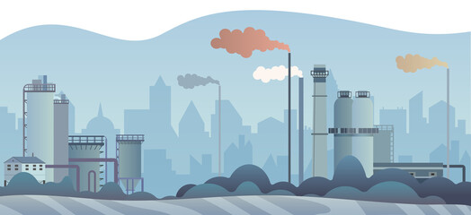 city air pollution vector illustration. cartoon chimneys and pipes of power energy industry manufact