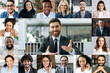 Leinwandbild Motiv Collage of a multiracial people with successful caucasian male business leader in the center. A lot of faces of business people, with positive emotions, looking at the camera, smiling friendly