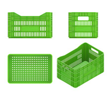 3d Green Plastic Vegetable Crates Set. Vector Photo Realistic Mockup Isolated On White Background. Front, Top, Back And Isometric Views
