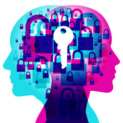 Wall Mural - 2 people’s side silhouettes overlaid with various-sized semi-transparent padlocks. Overlaid centrally is a large white “key” representing the answer.
