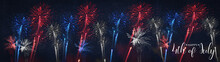 Happy 4th Of July - Independence Day Background Banner Panorama USA America Holiday Celebration Greeting Card - Blue Red White Firework On Dark Night Sky