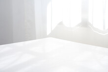 The Abstract White Table Near The Window And Curtain Clean Minimal Style Mood Background                        
