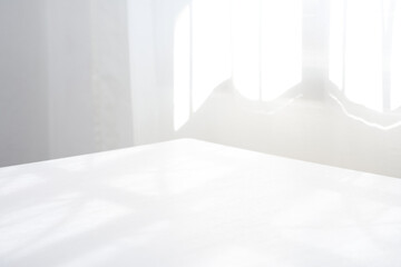 the abstract white table near the window and curtain clean minimal style mood background                        