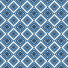 Geometric, Curved And Flower Pattern Art, Tile, Asphalt, Vector Abstract Blue And Whit Background. Seamless Pattern, Design For Carpet, Wallpaper, Clothing, Wrapping, Ceramic, Fabric