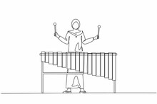Single One Line Drawing Woman Arabian Percussion Player Play Marimba. Young Female Musician Playing Traditional Mexican Marimba Instrument At Music Festival. Continuous Line Draw Design Graphic Vector
