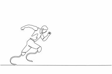 Wall Mural - Single continuous line drawing disabled athlete runs on prostheses. Male disability runs. Disabled sportsman with amputated foot. Disabled sport, disability games. One line draw graphic design vector