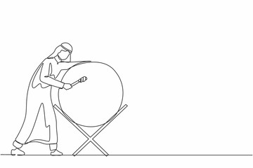 Poster - Single continuous line drawing Arab man hitting bedug or traditional drum for suhoor and iftar time Ramadan. Muslim person calling other people to pray to mosque. One line draw graphic design vector