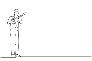 Wall Mural - Single continuous line drawing joyful guy playing on ukulele and singing having fun. Male musician holding small guitar and singing. Man play on musical instrument. One line draw graphic design vector