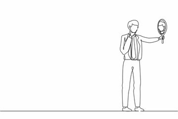 Wall Mural - continuous one line drawing businessman holding hand mirror. male manager with hand mirror. man look