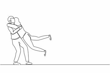 Wall Mural - Single one line drawing happy couple hugging and encircling their lovers with arms. Cute woman jumping into man embrace. Relationship, love, dating concept. Continuous line draw design graphic vector