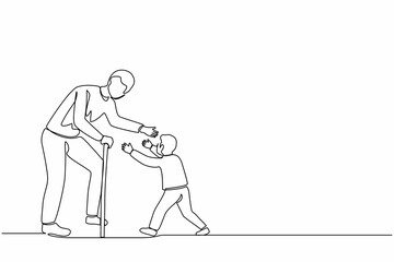 Wall Mural - Single continuous line drawing happy little boy running to hug his grandfather. Grandson visiting grandparents. Senior man welcoming grandchild at home. One line graphic design vector illustration